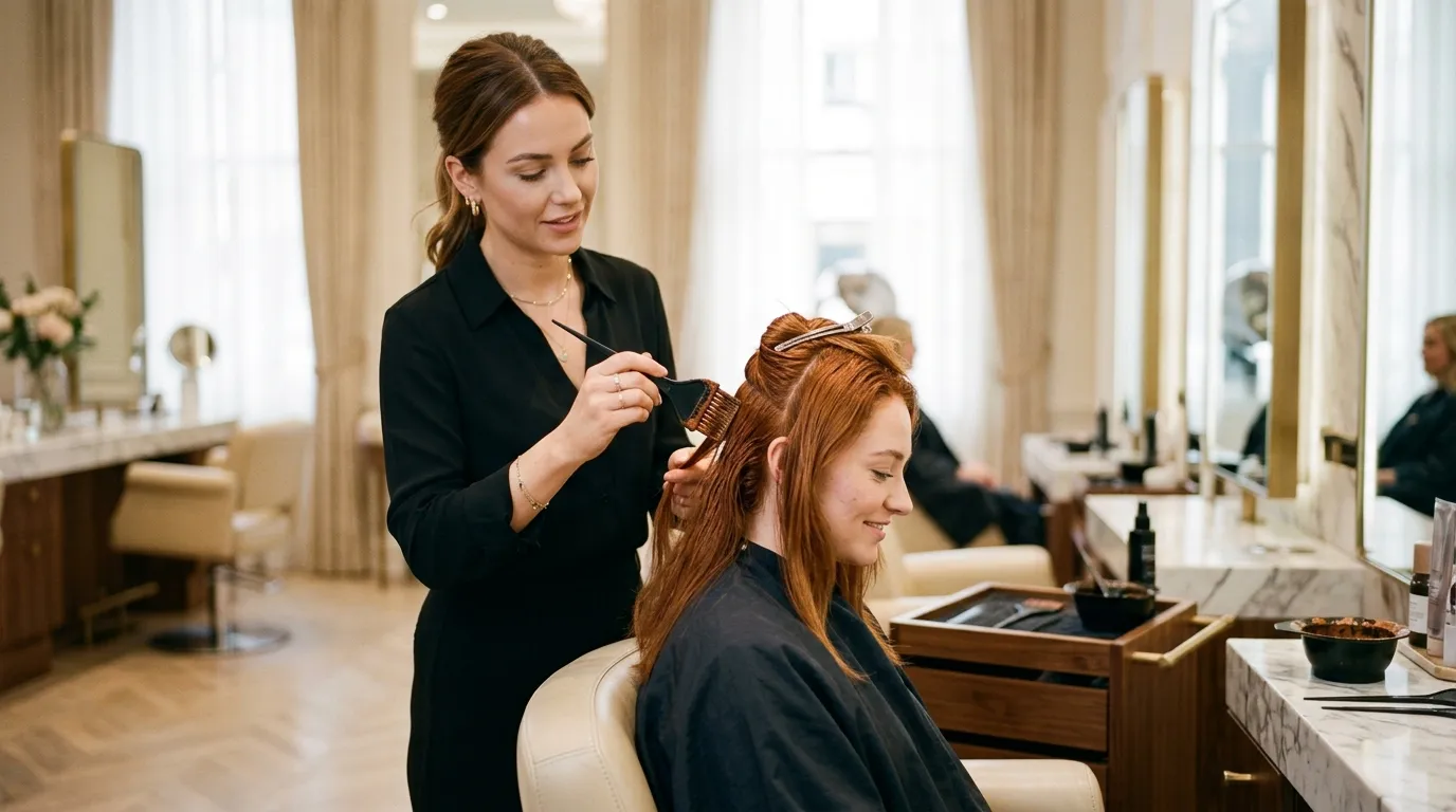 Stylista aplikuje barvu na vlasy v kadeřnictví.