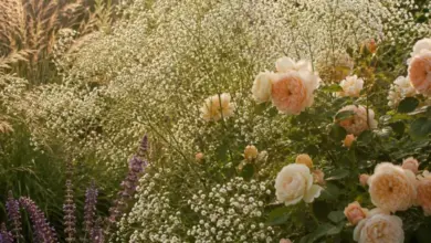 Bílé květy gypsophily rostou mezi růžemi a fialovými lavandulami v zahradě.
