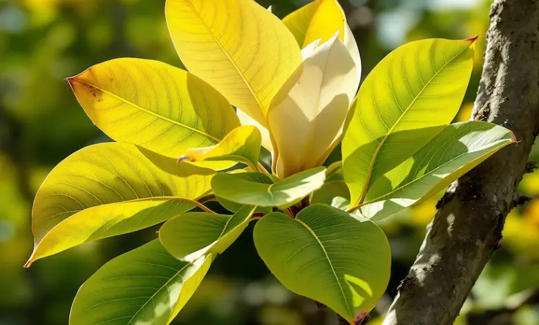 Zelené listy magnolie s květním pupenem na větvi.