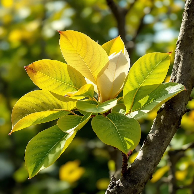 Zelené listy magnolie s květním pupenem na větvi.