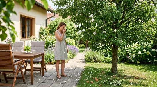 Žena stojí v zahradě mezi rostlinami podobnými levanduli s bílými květy.