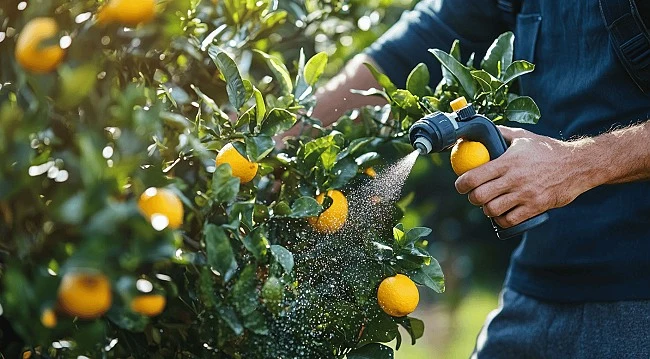 Muž postřikuje listy citroníku sprejem v sadu.