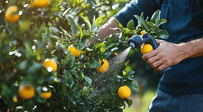 Muž postřikuje listy citronu z láhve v zahradě.