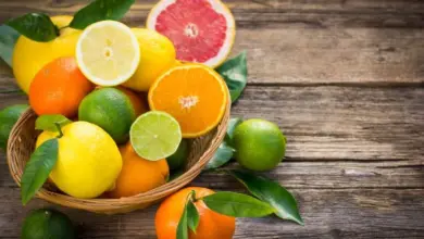 Košík s citrony, pomeranči, limetkami a plody calamondinu na dřevěném stole.