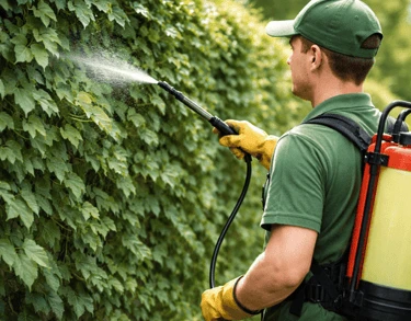Muž postřikuje hustý břečťan na zdi herbicidem.