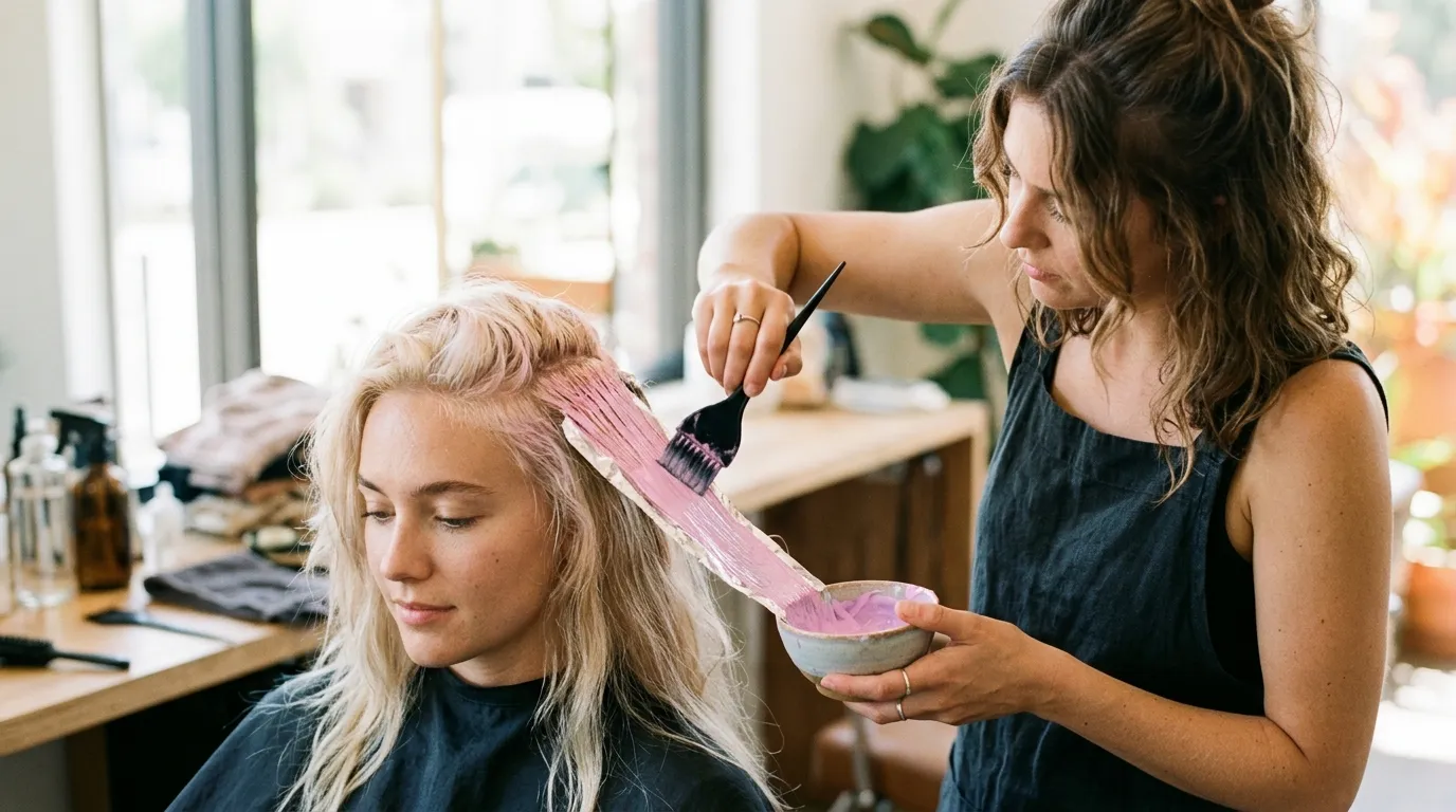 Stylista nanáší fialovou barvu na blond vlasy v kadeřnictví.