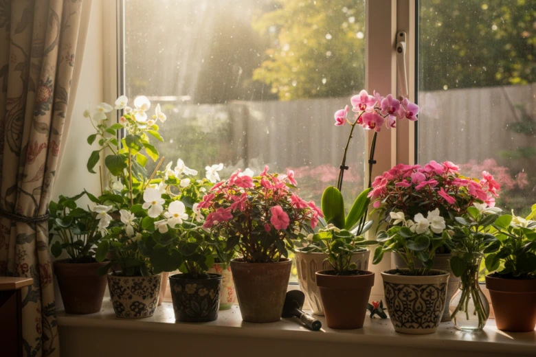Blooming houseplants on windowsill