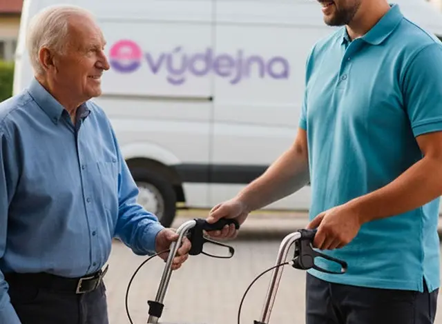 Mladý asistent pomáhá seniornímu muži s chůzovým rámem venku.