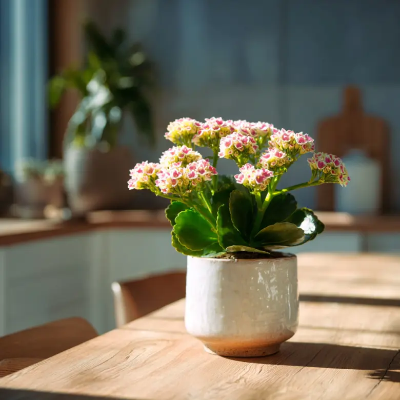 Kalanchoe s kvetoucími růžovými květy v hrnci na dřevěném stole.