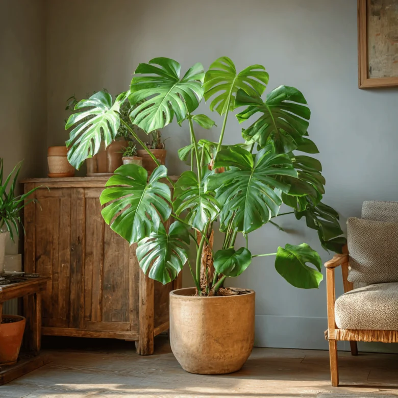Velká monstera v hrnci u dřevěného nábytku pro článek o přesazování.