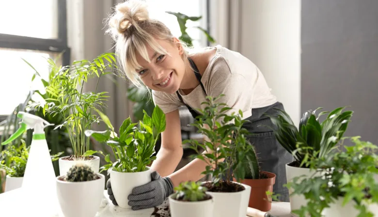 Žena se usmívá, jak stará o různé pokojové rostliny.