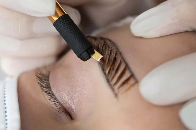 Kosmetička aplikuje mikrotrvalý make-up na obočí pomocí speciálního nástroje.