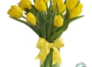 Květinová vazba s žlutými tulipány v skleněné váze.