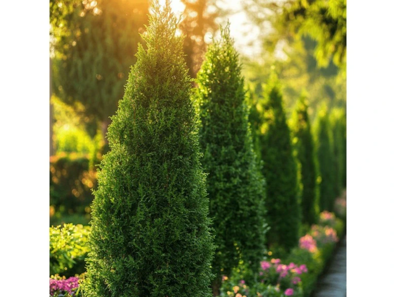 Řada jehličnatých keřů thuja smaragd v zahradě na slunci.