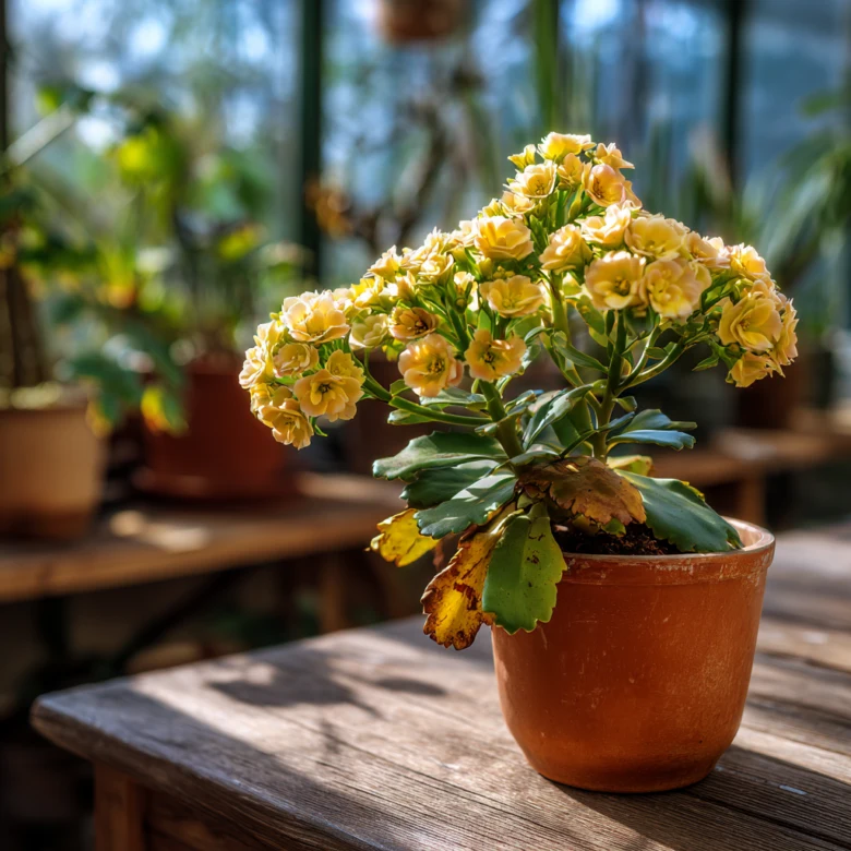 Kalanchoe s měkkými listy v květináči na dřevěné desce.