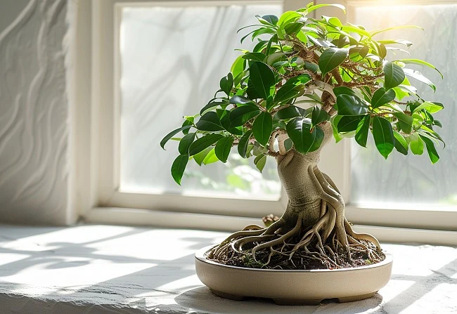 Zdravý ficus bonsai v květináči na okenním parapetu.
