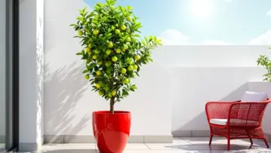 Citroník v červené květináči na slunném balkóně s plody.