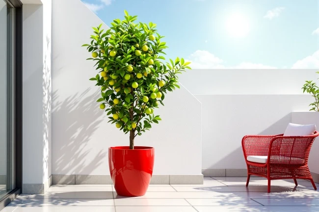 Citroník v červené květináči na slunném balkóně s plody.
