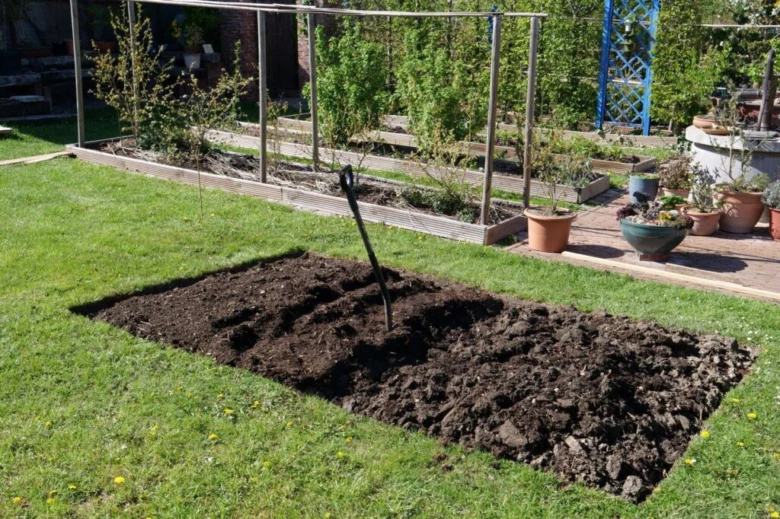 Čerstvě vyhrabaný záhon připravený na výsadbu rostlin.