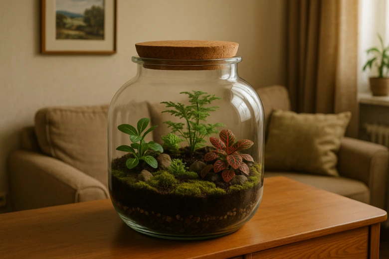 Hotový florarium s rostlinami v skleněné lahvi na dřevěném stole.