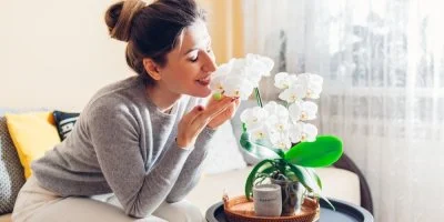 Žena voní bílé orchidei v interiéru.
