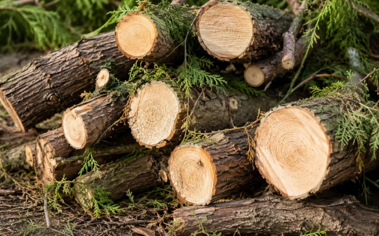 Nápadně řezané větve thujy s jehličím a kůrou